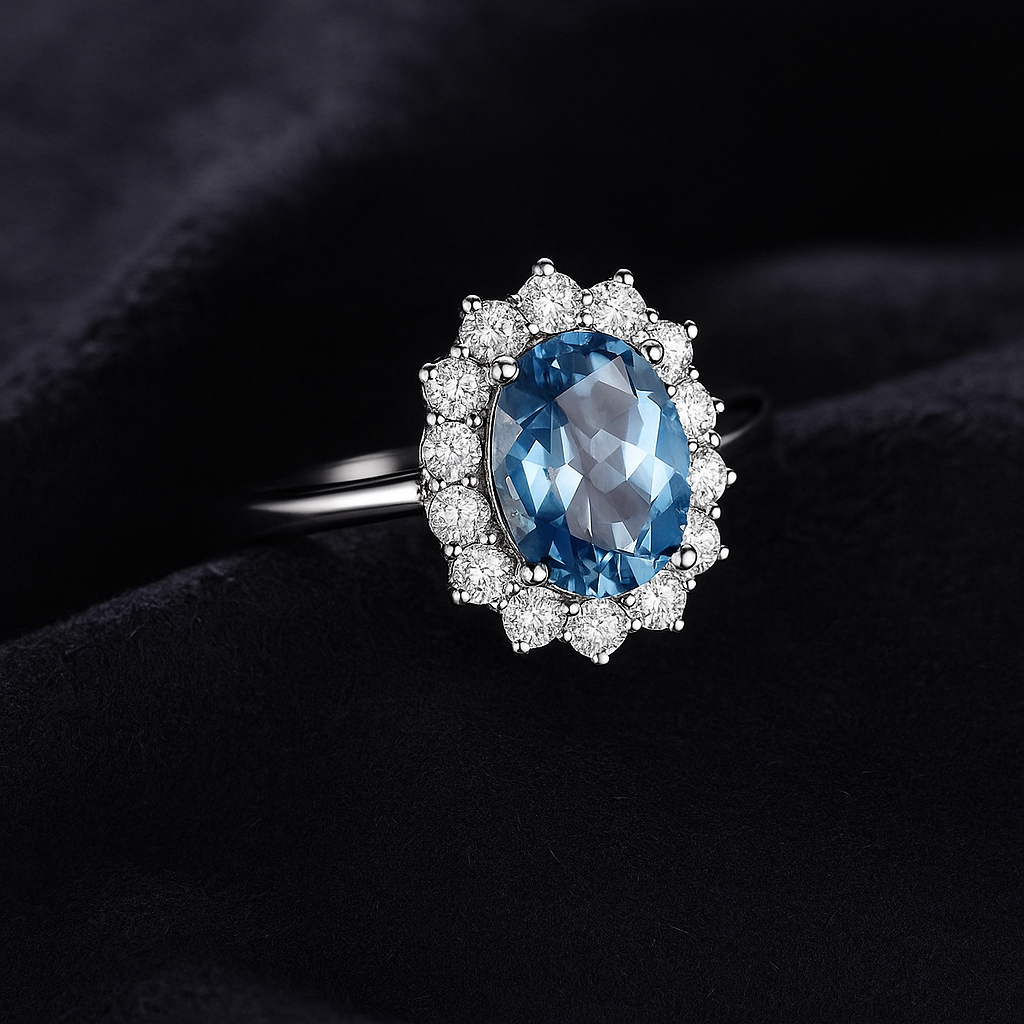 Anillo Topacio Azul Londres – cobre bañado en plata, elegante y brillante MK26