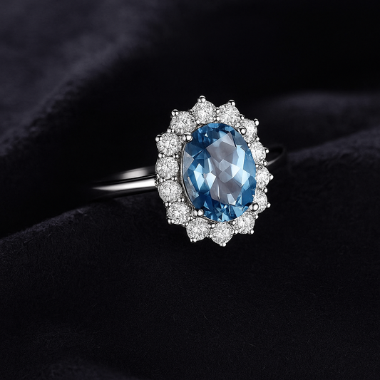 Anillo Topacio Azul Londres – cobre bañado en plata, elegante y brillante MK26