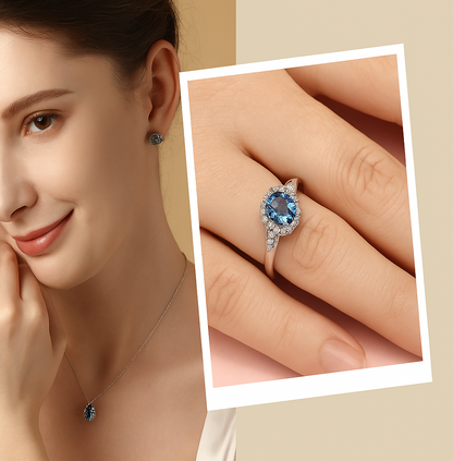 Anillo Topacio Azul Londres – cobre bañado en plata, elegante y brillante MK26